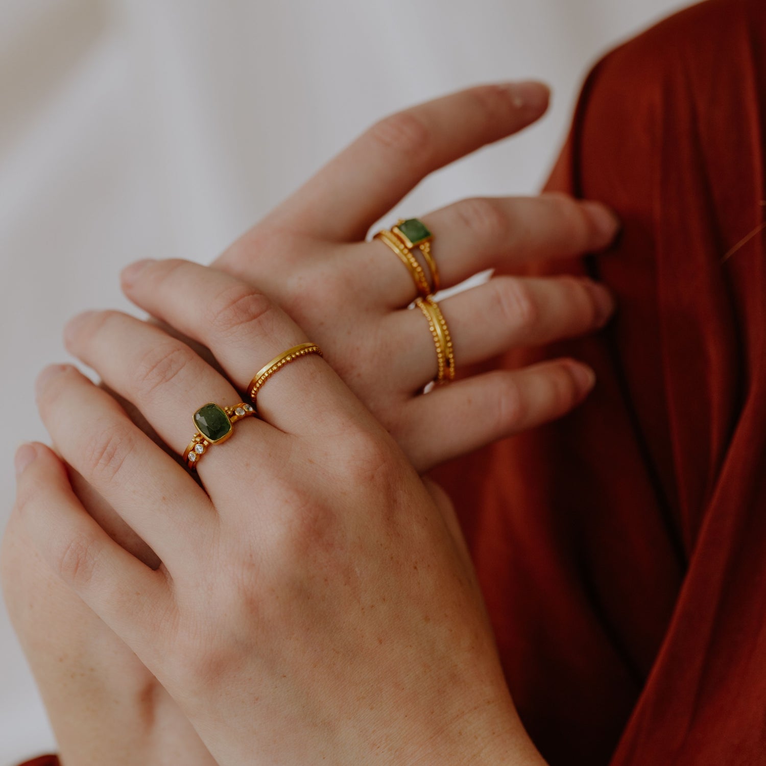 Detailed granulation on a rich gold handcrafted ring.