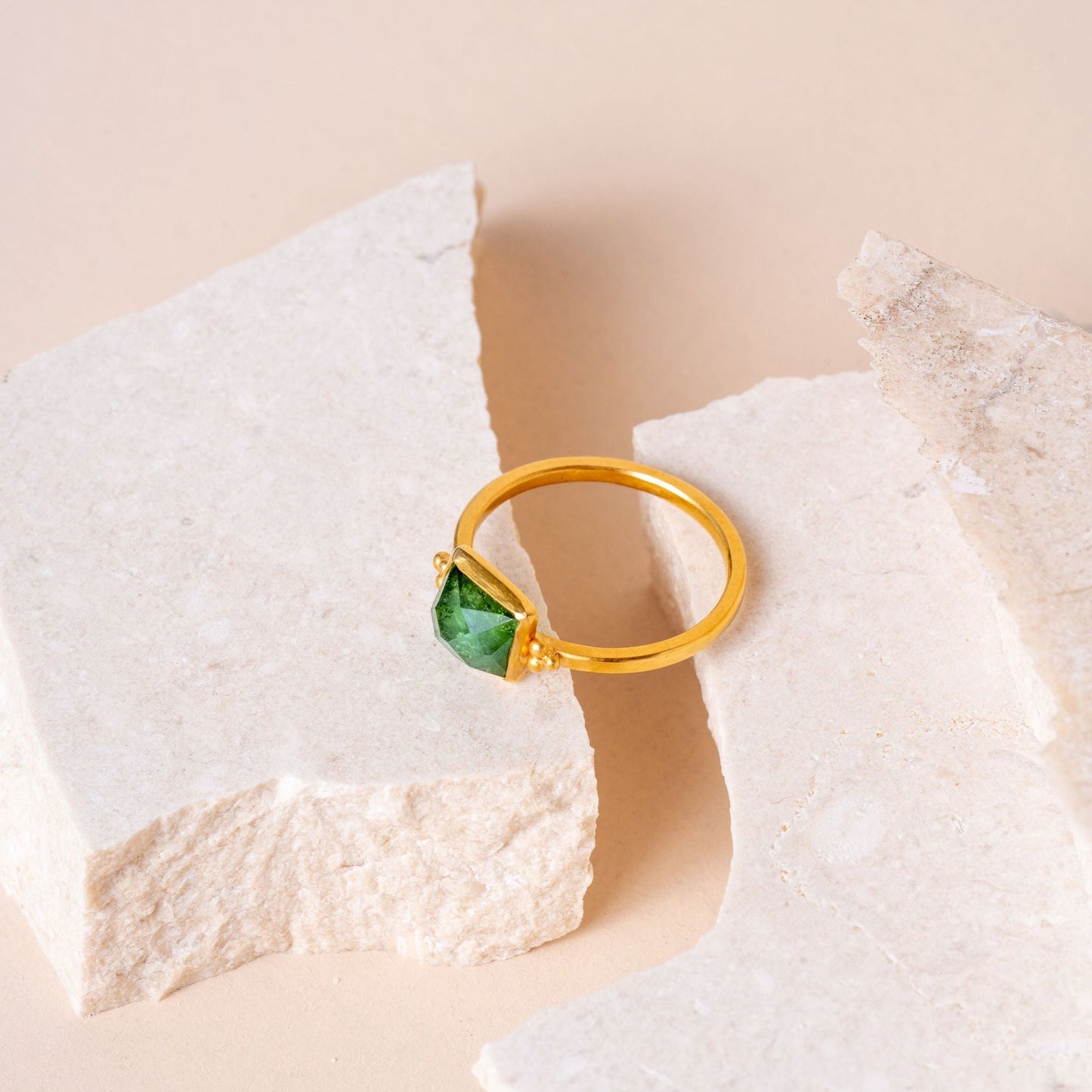 Elegant hand crafted gold vermeil ring, with granulation accents, featuring a captivating green rose-cut square tourmaline.