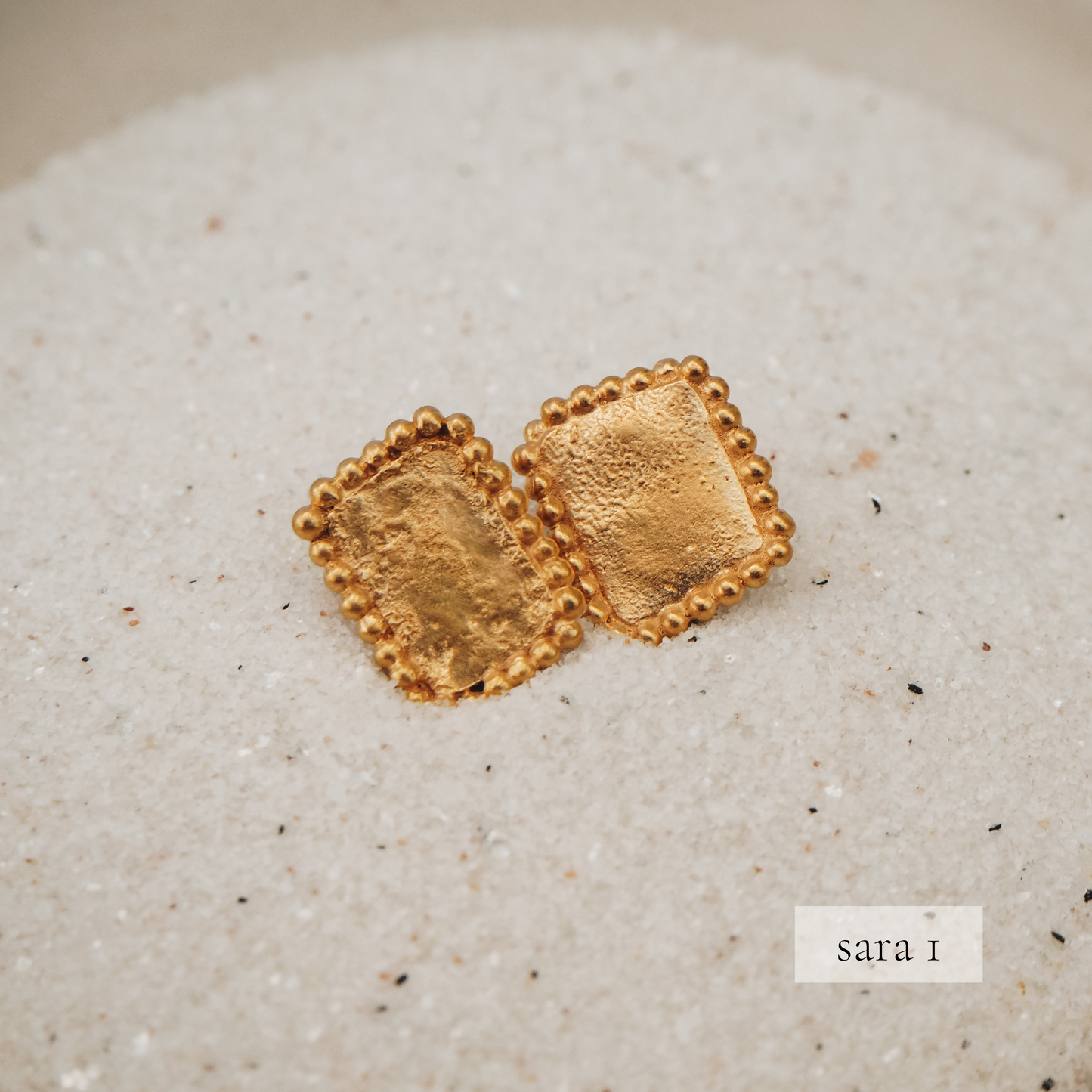 Square gold stud earrings with exquisite granulated accents